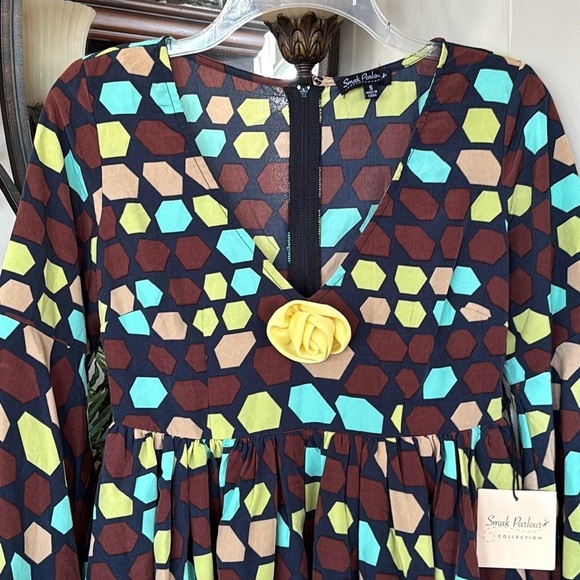 Brand New Unique Vintage Smak Parlour Brown Yellow Geometric 70s Mod Dress - Picture 2 of 15